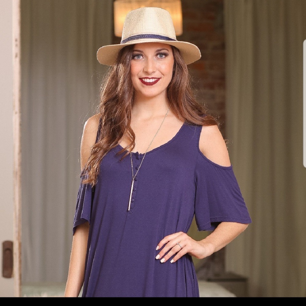 infinityraine Navy Cold Shoulder Dress w/ button d